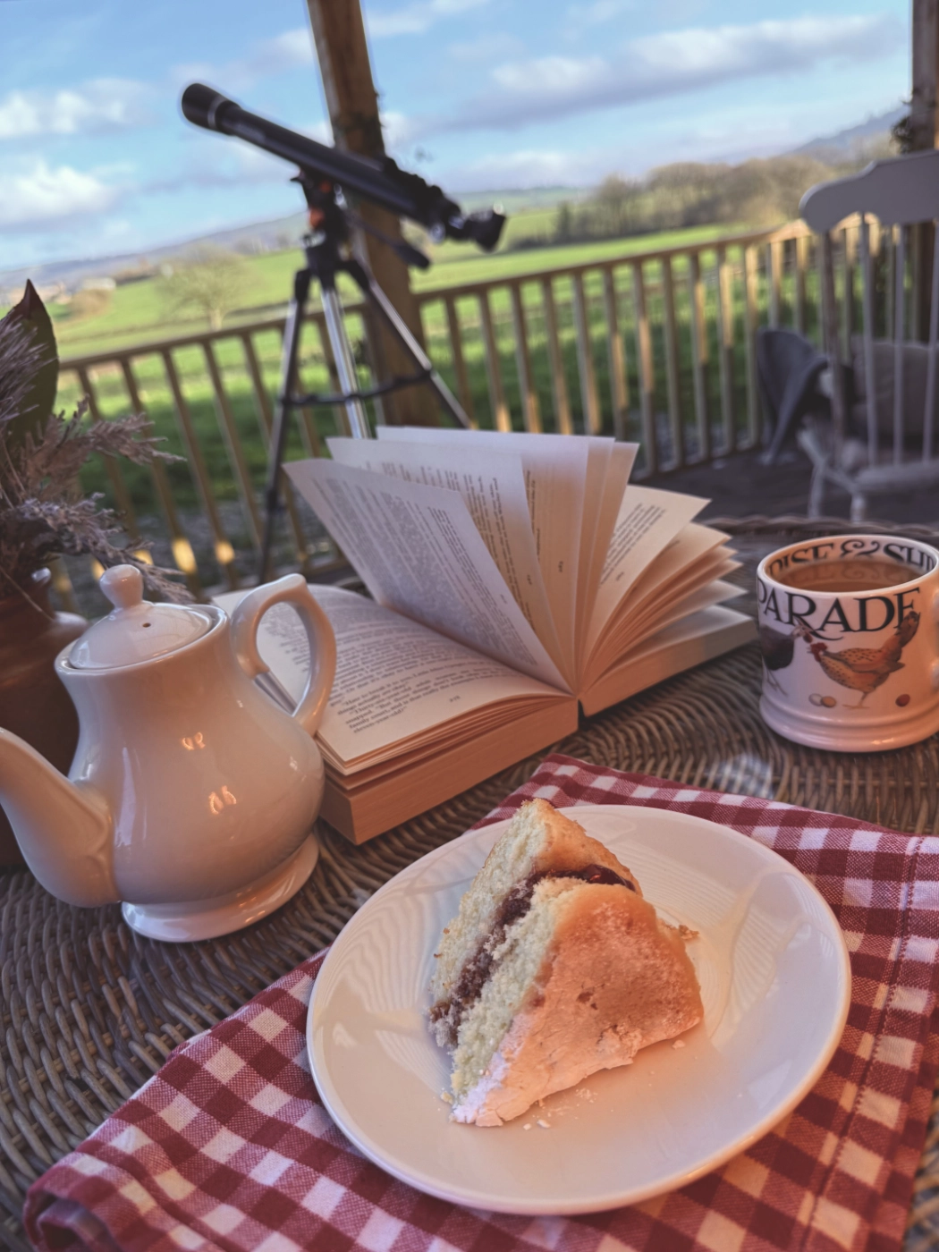 Morning tea and cake overlooking the Welsh mountains at Black Mountain Escapes
