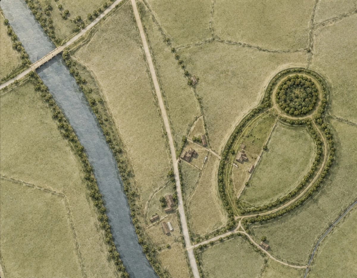 Artist’s interpretation of the surviving earthworks of Castell Meurig, showing the motte, bailey and surrounding landscape beside the Afon Sawdde.