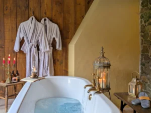 Soft robes prepared inside the bath house at Gablebach Cottage