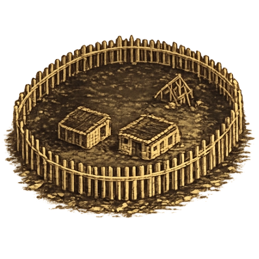 Illustration of a medieval bailey enclosed by a timber palisade, containing buildings and workshops within a motte-and-bailey castle.
