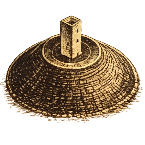 llustration of a medieval motte with a timber keep positioned on a raised earth mound.