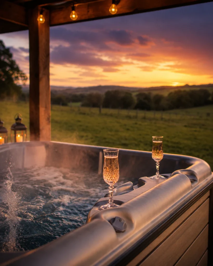 Covered outdoor hot tub at Y Golchdy overlooking the Welsh countryside at golden hour with champagne glasses ready to enjoy.