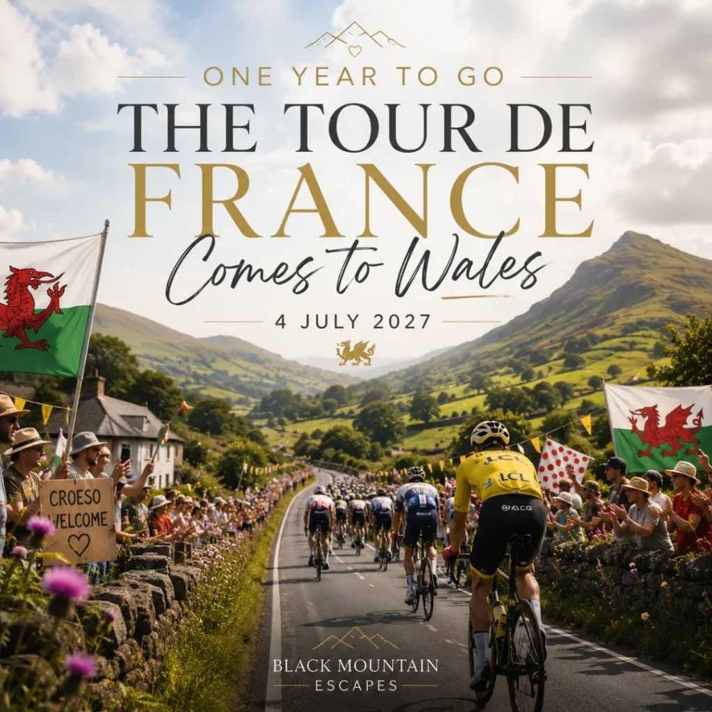 Cyclists riding through the Welsh countryside celebrating the Tour de France coming to Wales in 2027 near the Black Mountain