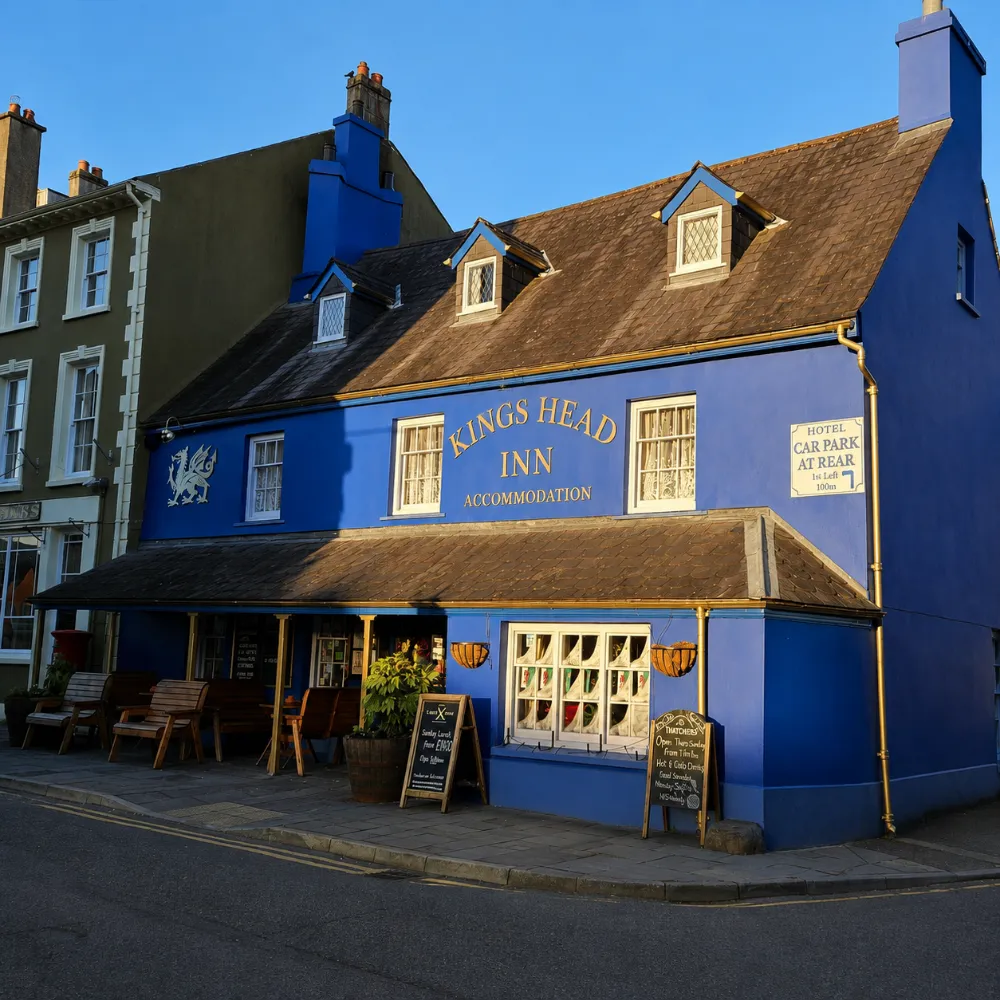 The blue frontage of The King’s Head Inn in Llandovery, a traditional Welsh pub serving food and local ales.
