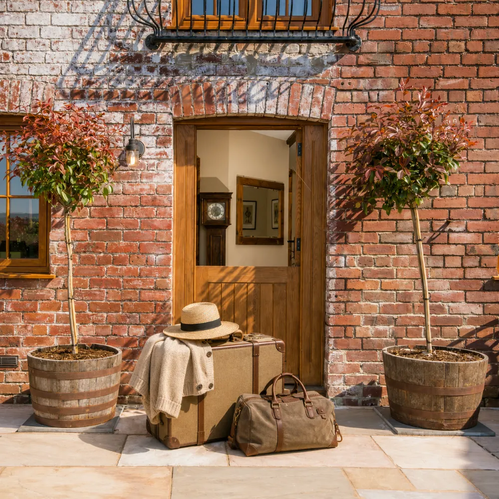 Suitcase and weekend bag waiting outside the entrance to Gablebach Cottage