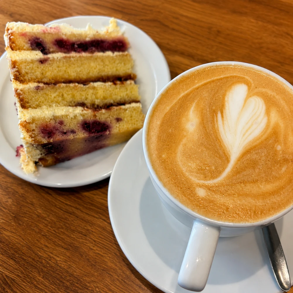 Fresh coffee and homemade cake served at Blossoms Café in Llangadog.