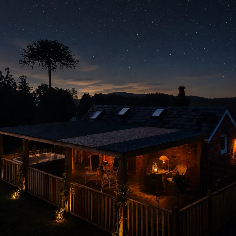 Cottage at dusk overlooking the Welsh countryside at Black Mountain Escapes