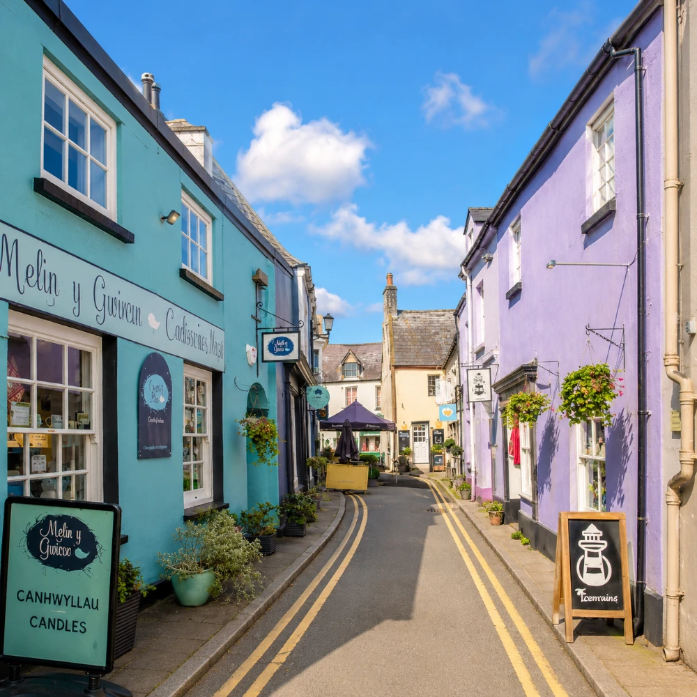 Colourful independent shops on a sunny street in Llandeilo, Carmarthenshire