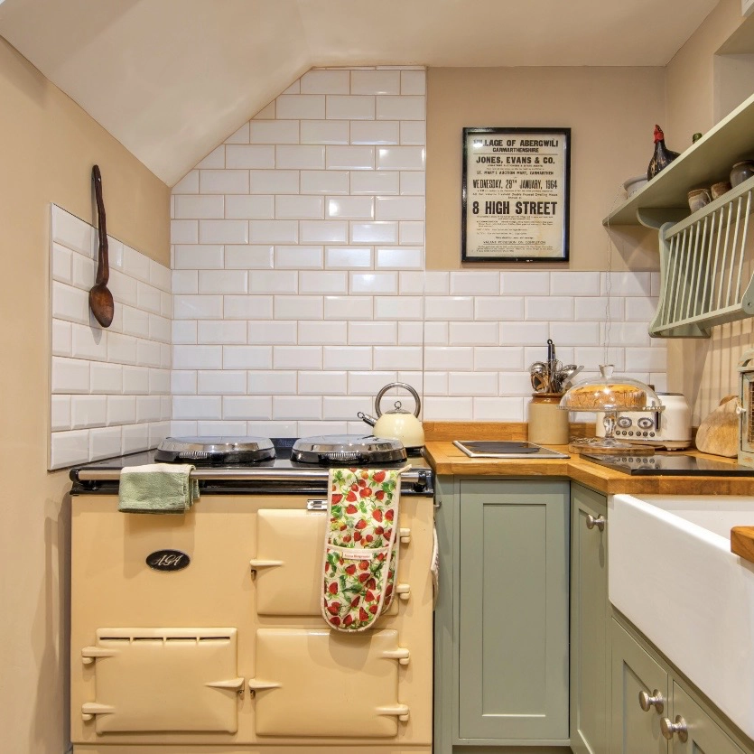 Traditional Aga and handcrafted kitchen at Gablebach cottage in rural Wales