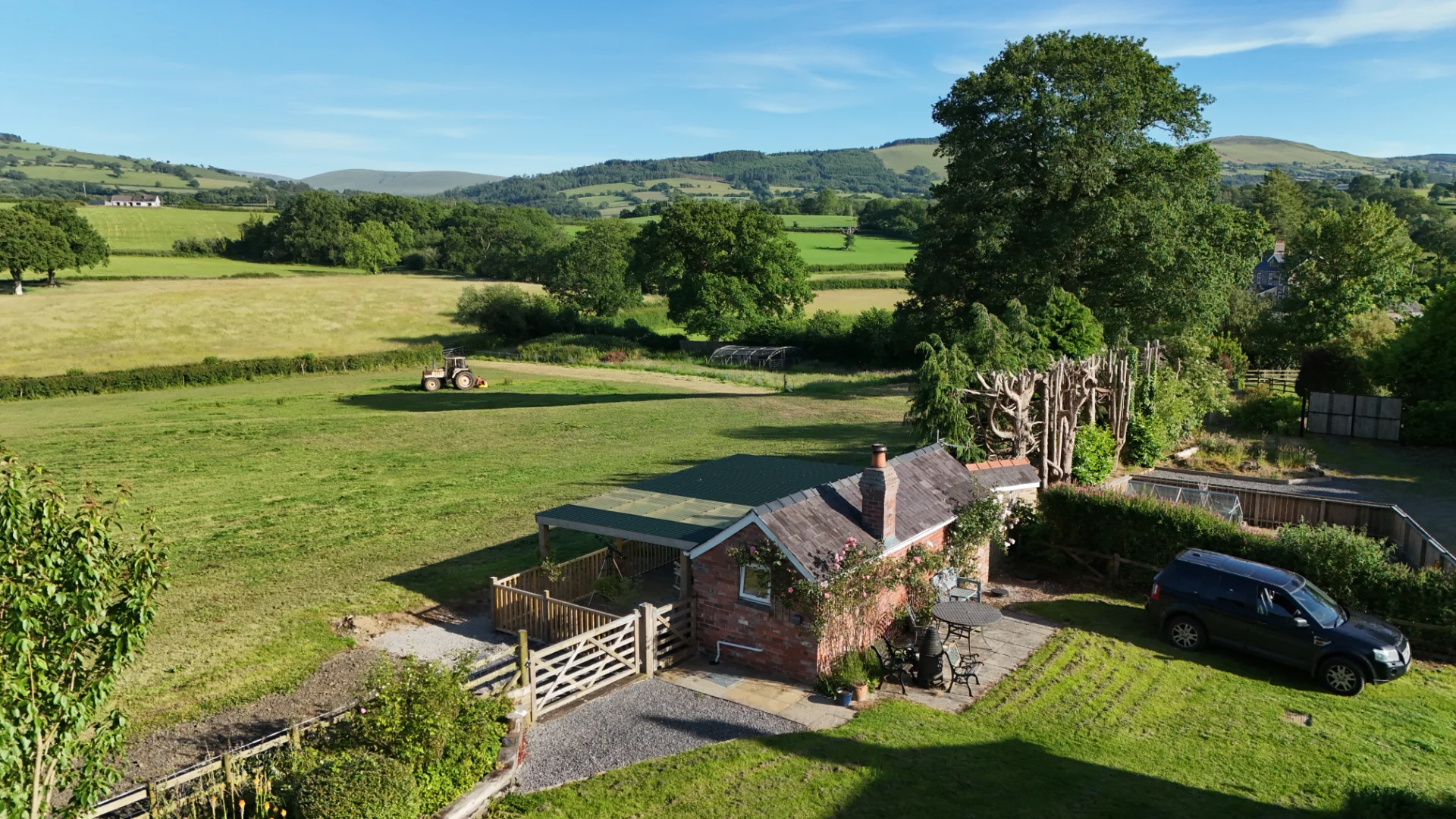 Ariel view of rolling countryside and peaceful location of Y Golchdy at Black Mountain Escapes